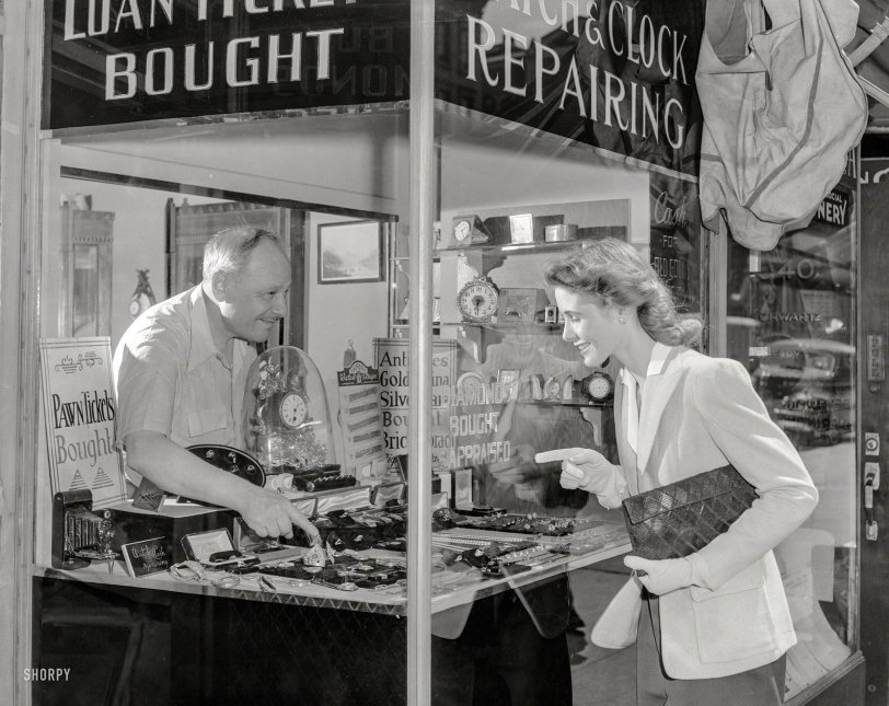New York, 1944. "Pawnbroker and prospective customer." I imagine the idea here was to convey the wholesome, cheery atmosphere of the typical pawn shop. Our second photo by Tony Linck. 4x5 Agfa acetate negative. View full size.
