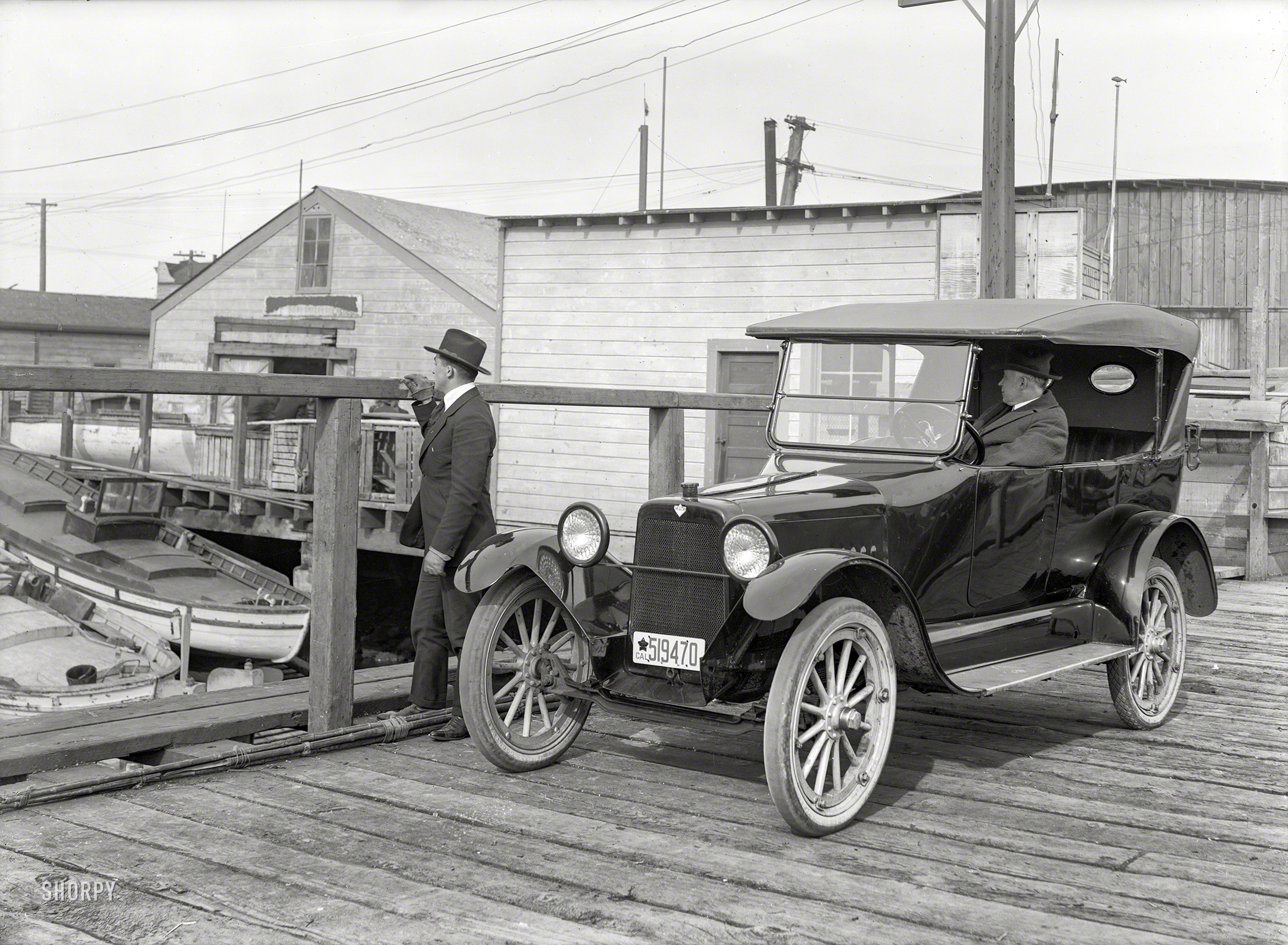 &nbsp; &nbsp; &nbsp; &nbsp; Saxon, the seventh largest American car maker in 1917, went wheels-up in 1922.

San Francisco, 1919. "Saxon touring car at boatyard." Today's entry on the Shorpy Roster of Musty Marques. 5x7 glass negative by Chris Helin. View full size.