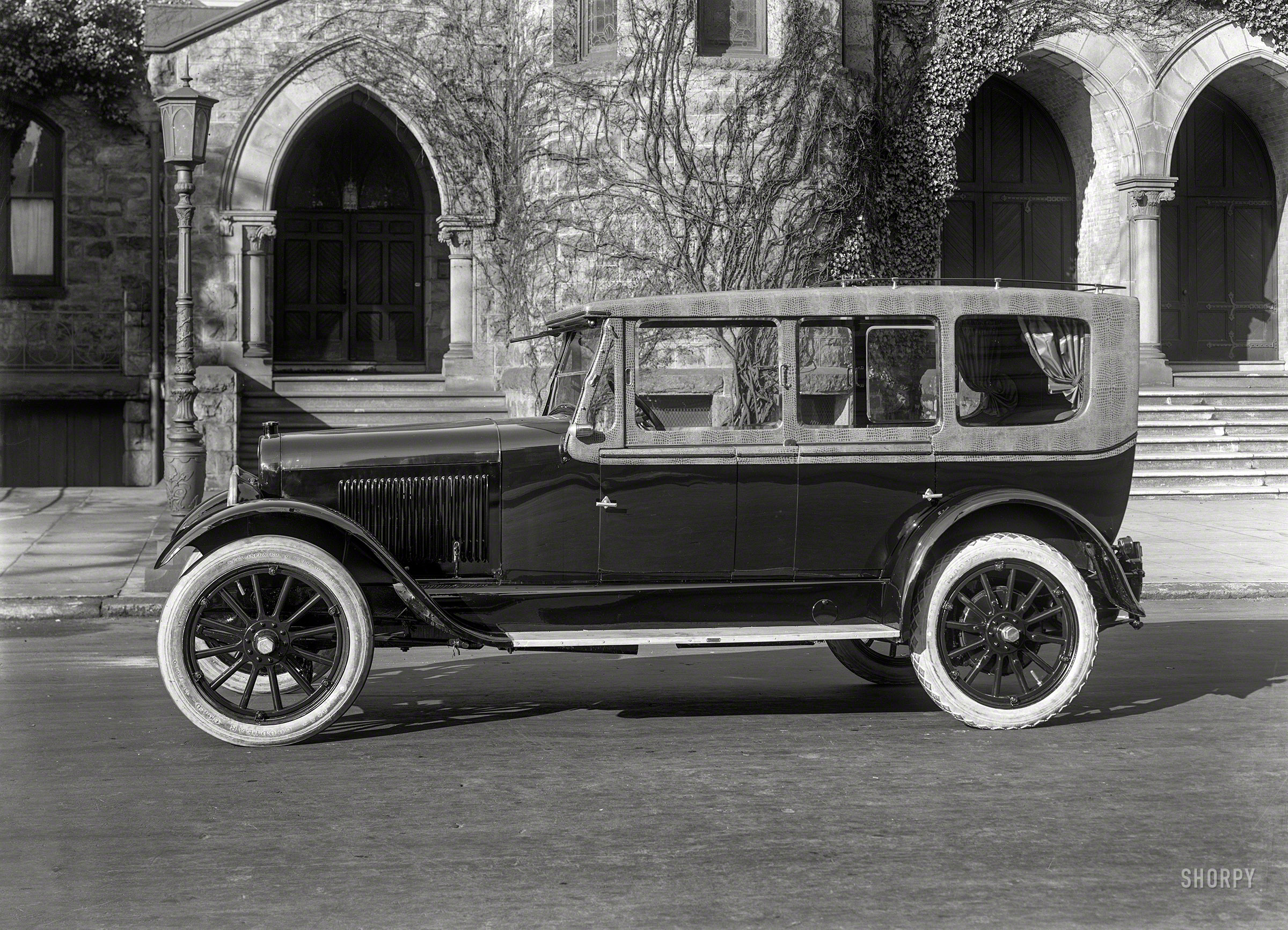 San Francisco circa 1921. "Chalmers Six touring car." Fitted with a reptilian custom top. 5x7 glass negative by Christopher Helin. View full size.