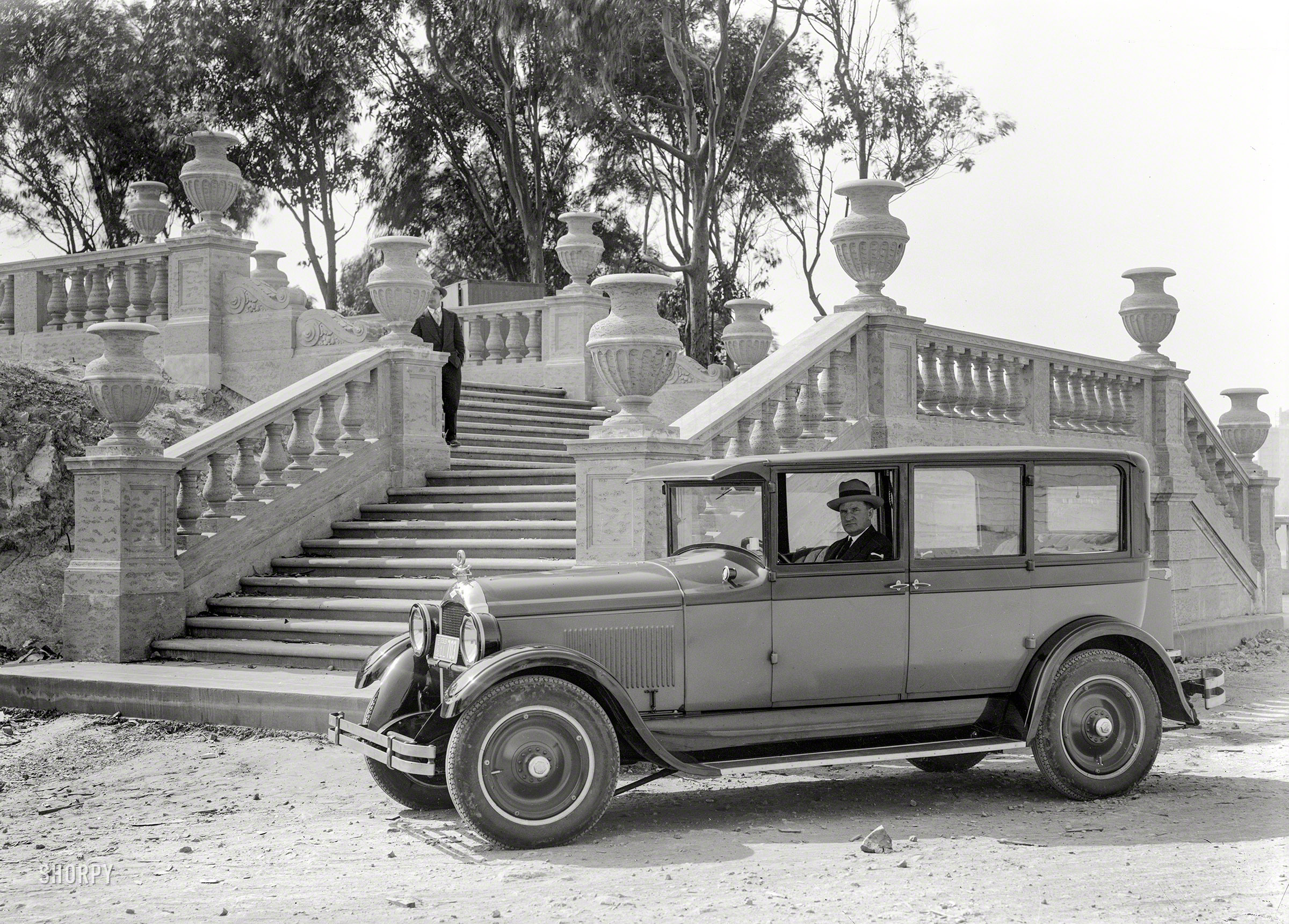 San Francisco, 1926. "Paige sedan (Series 2) at Pioneer Park, Telegraph Hill." 5x7 glass negative by Christopher Helin. View full size.