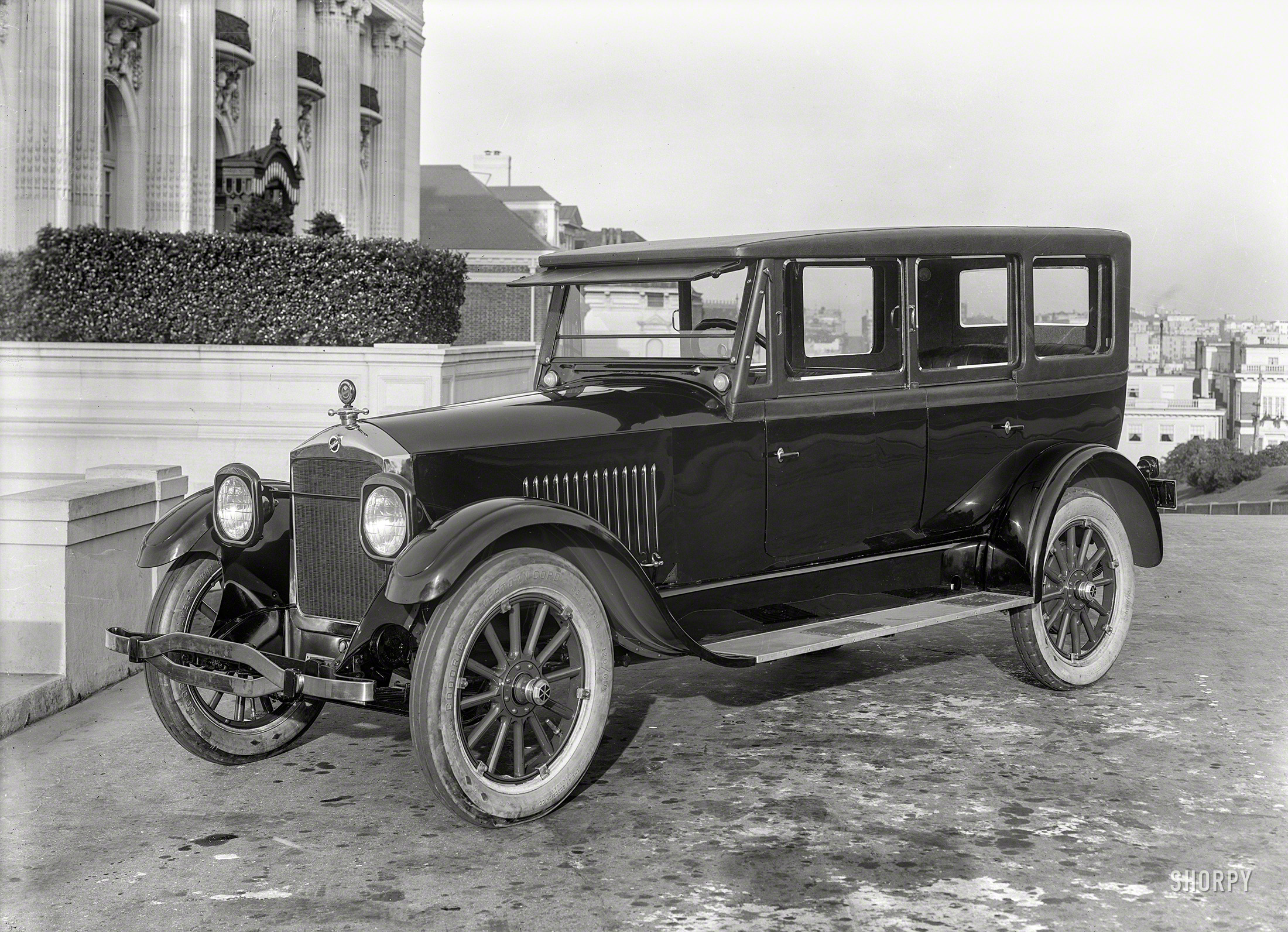 San Francisco circa 1921. "Studebaker Special Six touring car at Spreckels Mansion." 5x7 inch glass negative by Christopher Helin. View full size.