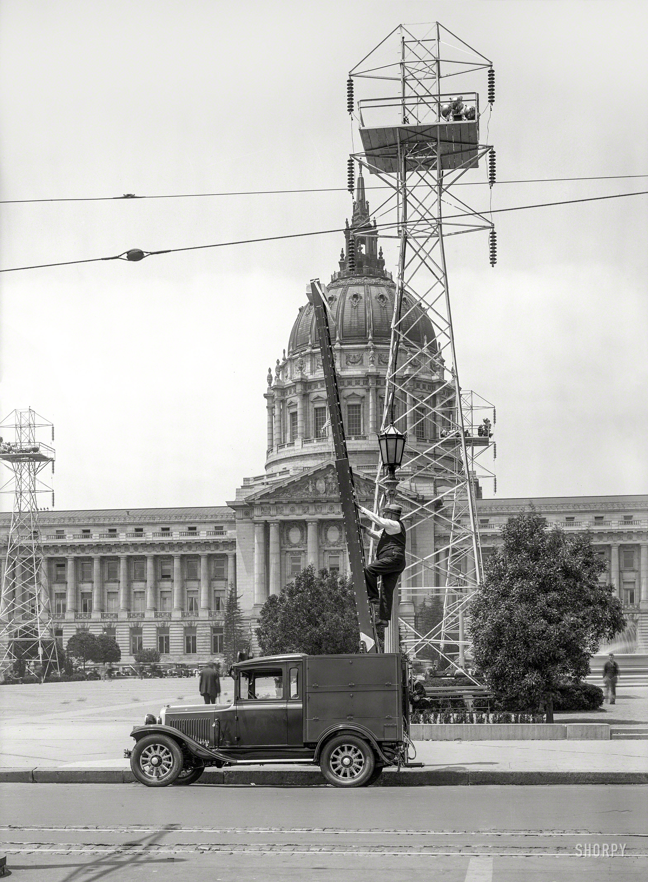 San Francisco circa 1929. "Dodge Brothers truck at City Hall." Where illumination seems to be the order of the day (or night). 5x7 glass negative. View full size.