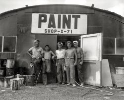 Somewhere in the Pacific circa 1945. "Navy sailors at paint shop." 4x5 negative from the archives of Lt. Joseph Zinni, U.S. Army Signal Corps. View full size.