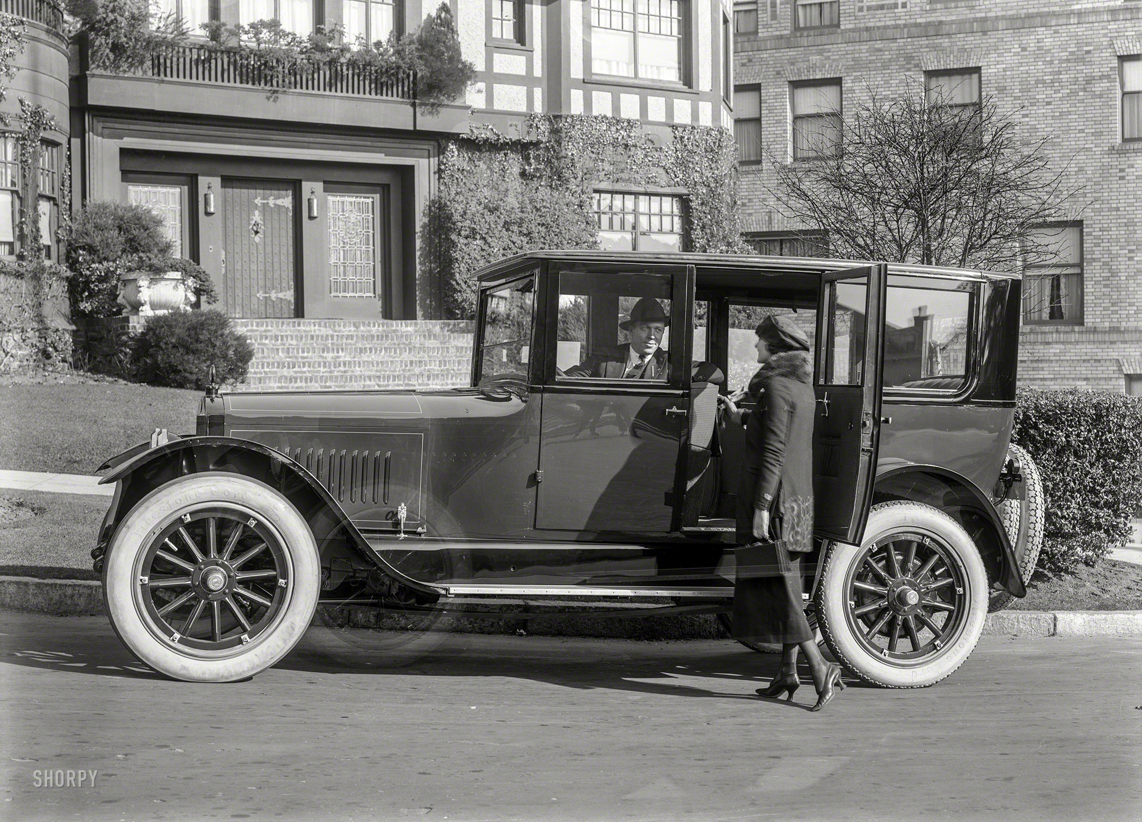 San Francisco circa 1921. "Standard Eight sedan." Times two in this inadvertent double exposure. 5x7 glass negative by Christopher Helin. View full size.
