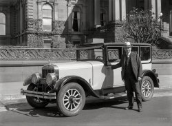 San Francisco, 1928. "Col. M. Franklin with Franklin Airman at Flood Mansion (Pacific Union Club), Nob Hill." Even not counting the lion perched on the fake radiator, we have a small crowd here. Photo by Christopher Helin. View full size.