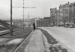 Boston, 1938. "Brighton street scene, from the hill. Commonwealth Avenue at Summit Avenue." 8x10 glass negative, photographer unknown. View full size.