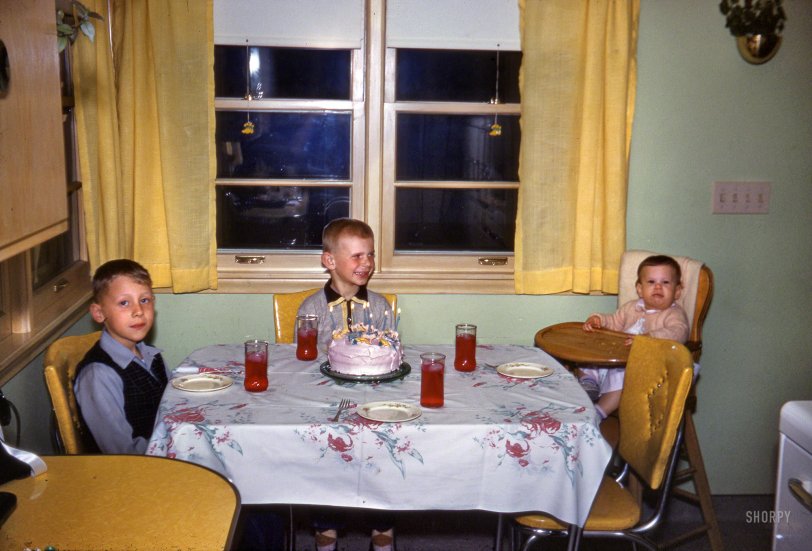 "1954. Mike's 7th Birthday." First scan from a big box of red-border Kodachromes we got on eBay. These seem to be from a family in Wisconsin. View full size.