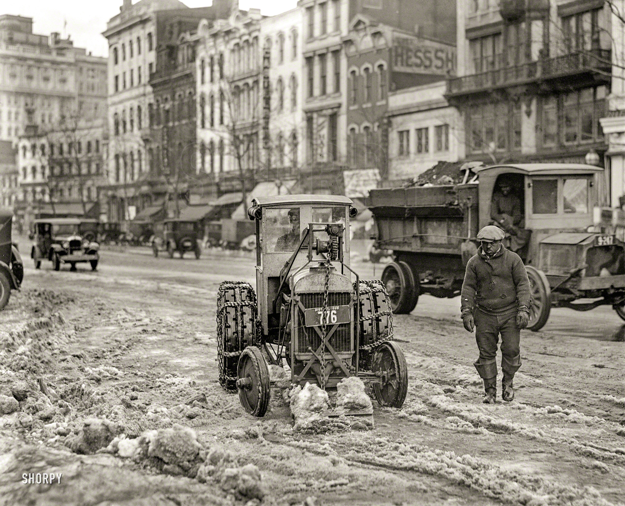 Washington, D.C., 1925. "Snow removal -- Ford Motor Co. (Fordson) tractor, Pennsylvania Avenue." National Photo glass negative. View full size.