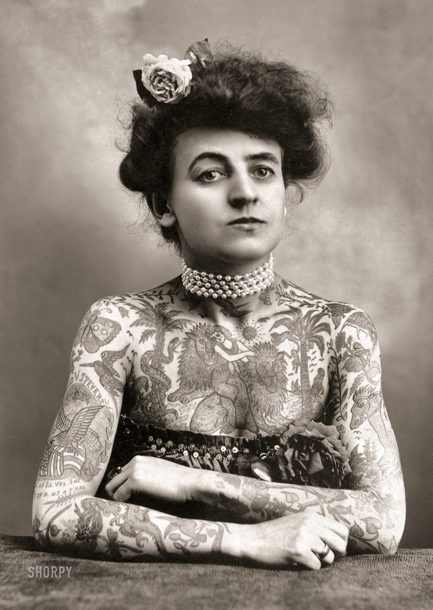 1907. "Maud Wagner, circus performer and tattooist." Maud Stevens Wagner (1877-1961), thought to be America's first female tattoo artist. Plaza Gallery, Los Angeles. View full size.