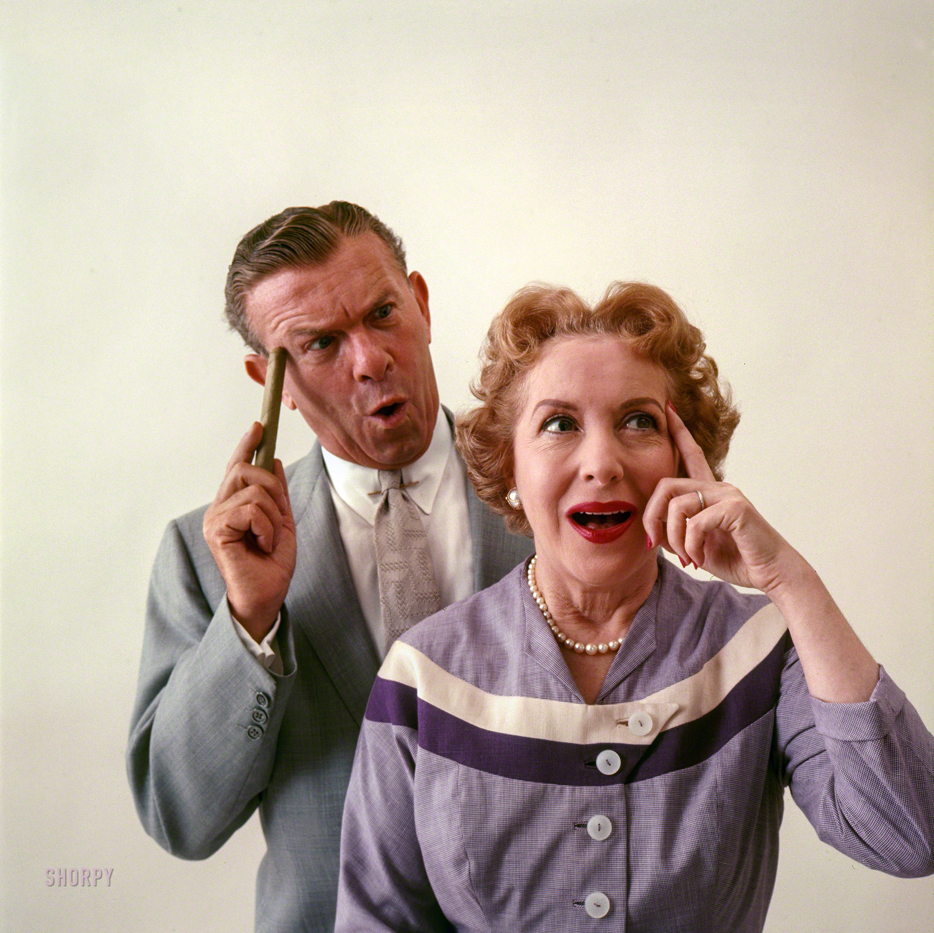 Los Angeles, 1955. "Comedians George Burns and Gracie Allen." Color trans­parency for the Look magazine assignment "Fall TV Preview." View full size.