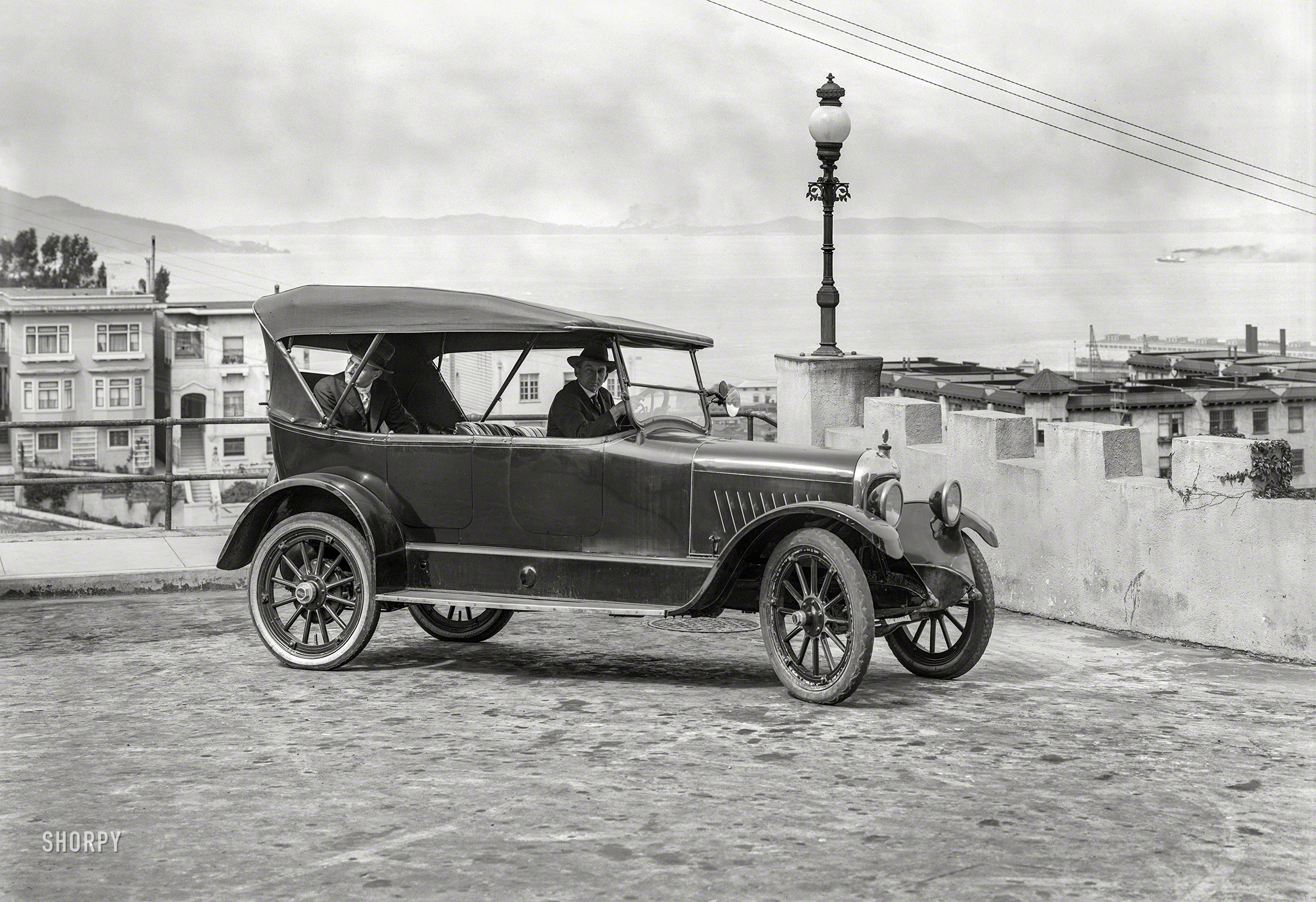 San Francisco circa 1919. "Grant Six touring car." The man in back previously seen here. 5x7 glass negative by Christopher Helin. View full size.