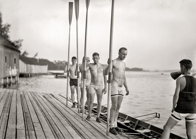 "Yale Varsity 4 at boathouse (1913)." As for whatever the coxswain is calling out, you can fill in the blanks in the comments below. 5x7 inch glass negative, Bain News Service. View full size.
