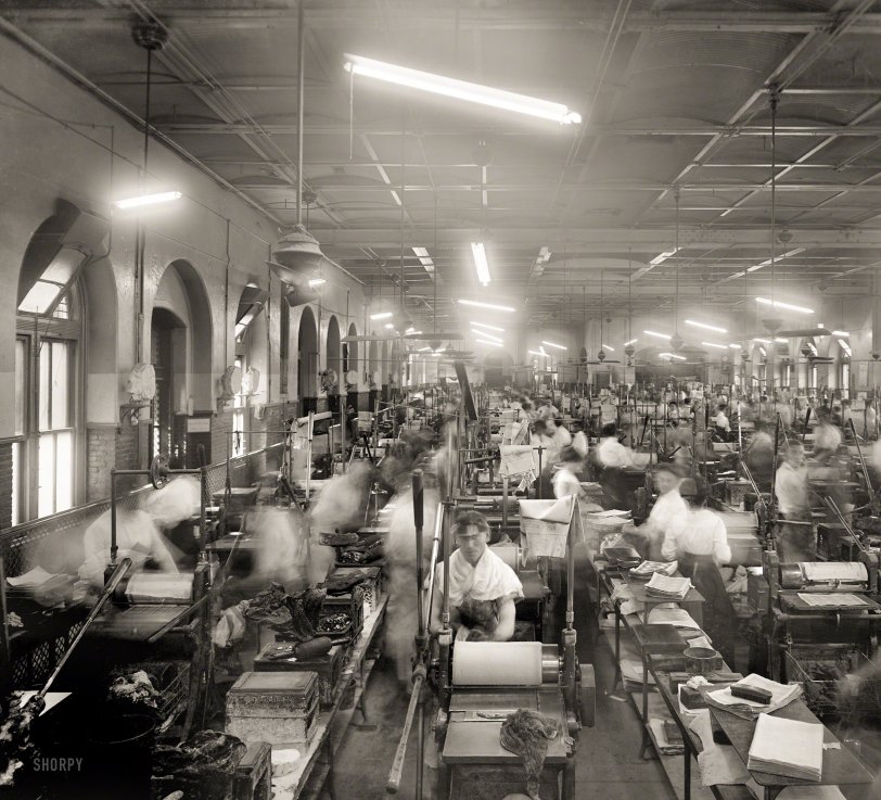 Washington, D.C., circa 1912. "Employees at printing presses, Bureau of Engrav&shy;ing and Printing." Harris &amp; Ewing Collection glass negative. View full size.
