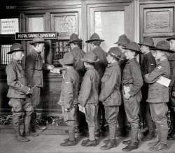 &nbsp; &nbsp; "Uncle Sam's new bank system -- Postal Savings for Boy Scouts."
Washington, D.C., circa 1913. "Boy Scouts -- Postal Savings. Scouts depositing." Revisiting an activity last observed here six years ago. View full size.