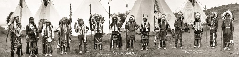 "The Big Chiefs -- Nez-Perce and Yakima Indians -- Astoria, Oregon, Centennial -- 1911." Panoramic photo by M.B. Marcell of Portland; copyright deposit Sept. 11, 1911. View full size.
