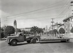 San Francisco, 1939. "International truck and Reliance trailer on Dolores Street." At left, the tower of Mission High School. 8x10 inch nitrate negative, late of the Marilyn Blaisdell and Wyland Stanley collections. View full size.