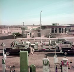 From around 1952, what looks to be somewhere in the Northeast, comes this faded 120 Ektachrome of a Cities Service gas station. Fillerup with Premium, and we'll be in the coffee shop while the Cadillac is on the lube rack. View full size.