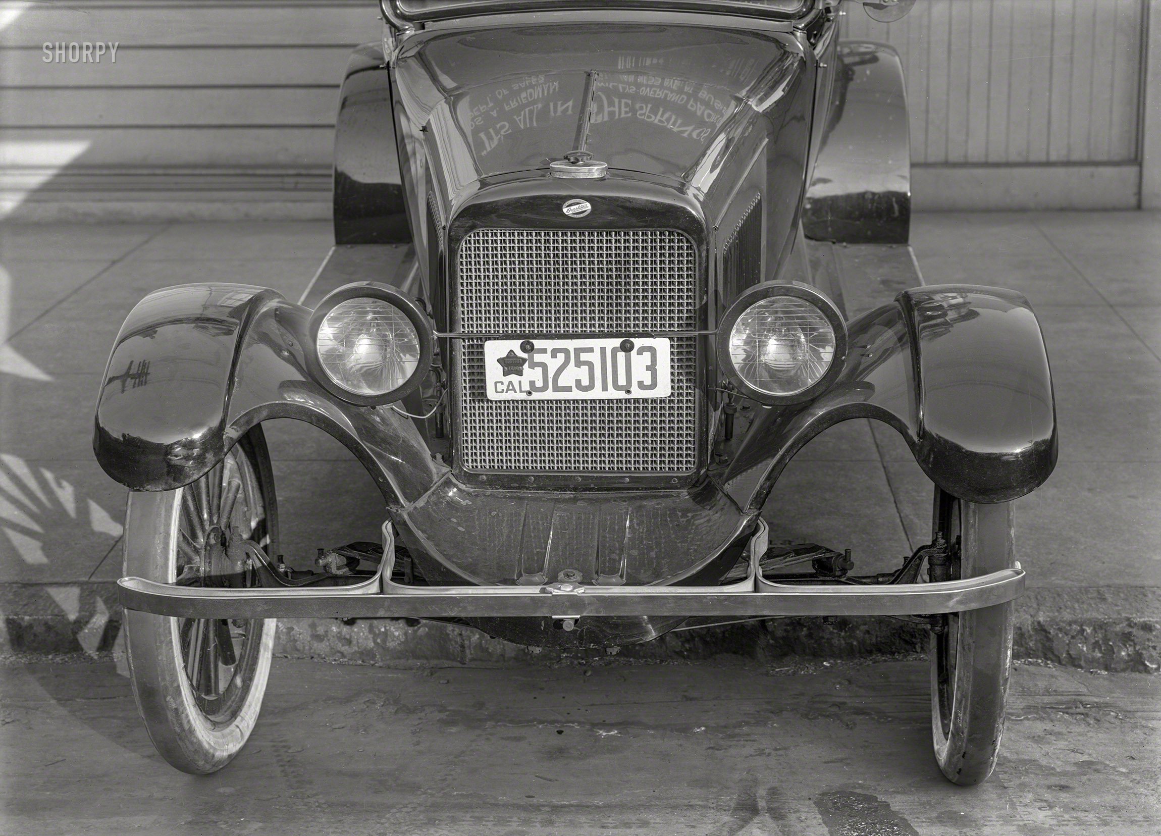 San Francisco, 1919. "Overland auto." And if you don't like my driving, get off the sidewalk! 5x7 glass negative by Christopher Helin. View full size.