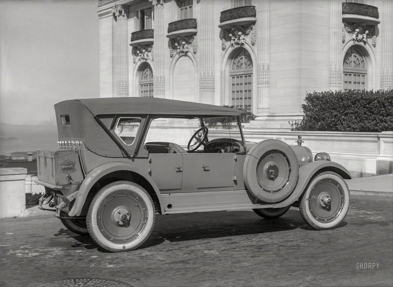 San Francisco circa 1924. "Hudson Super Six touring car at Spreckels Mansion." Plucked from the Shorpy Pantheon of Pharaonic Phaetons. Our title comes from the slogan on the car's gigantic Miller Cord tires. 5x7 glass negative by Christopher Helin. View full size.
