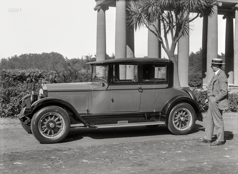 San Francisco circa 1926. "Willys-Knight Great Six four-passenger coupe at Golden Gate Park." With the Spreckels Temple of Music as backdrop. 5x7 glass negative by Christopher Helin. Today's reading from the Shorpy Bible of Betasseled Barouches.  View full size.
