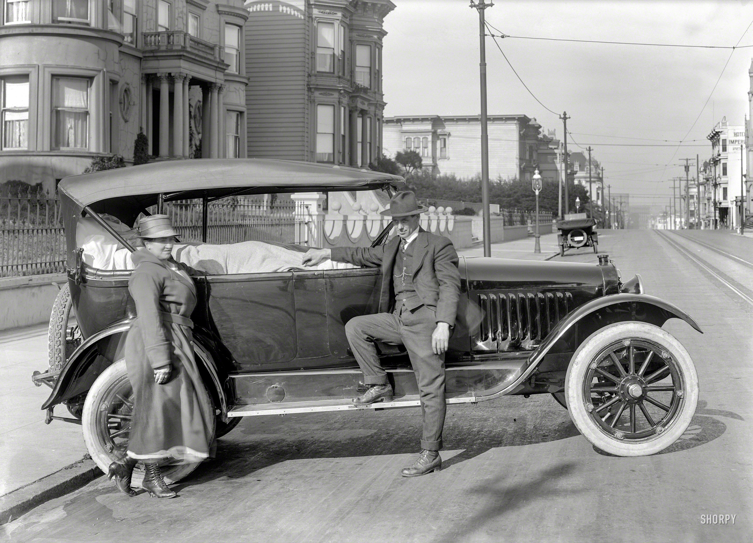 San Francisco circa 1920. "Chalmers touring car on Eddy Street." Equipped with what seems to be a bed. 5x7 negative by Christopher Helin. View full size.