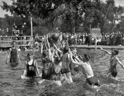 Boston Common circa 1920. "Boys playing water basketball in Frog Pond." 4x5 glass negative. photographer unknown. View full size.
