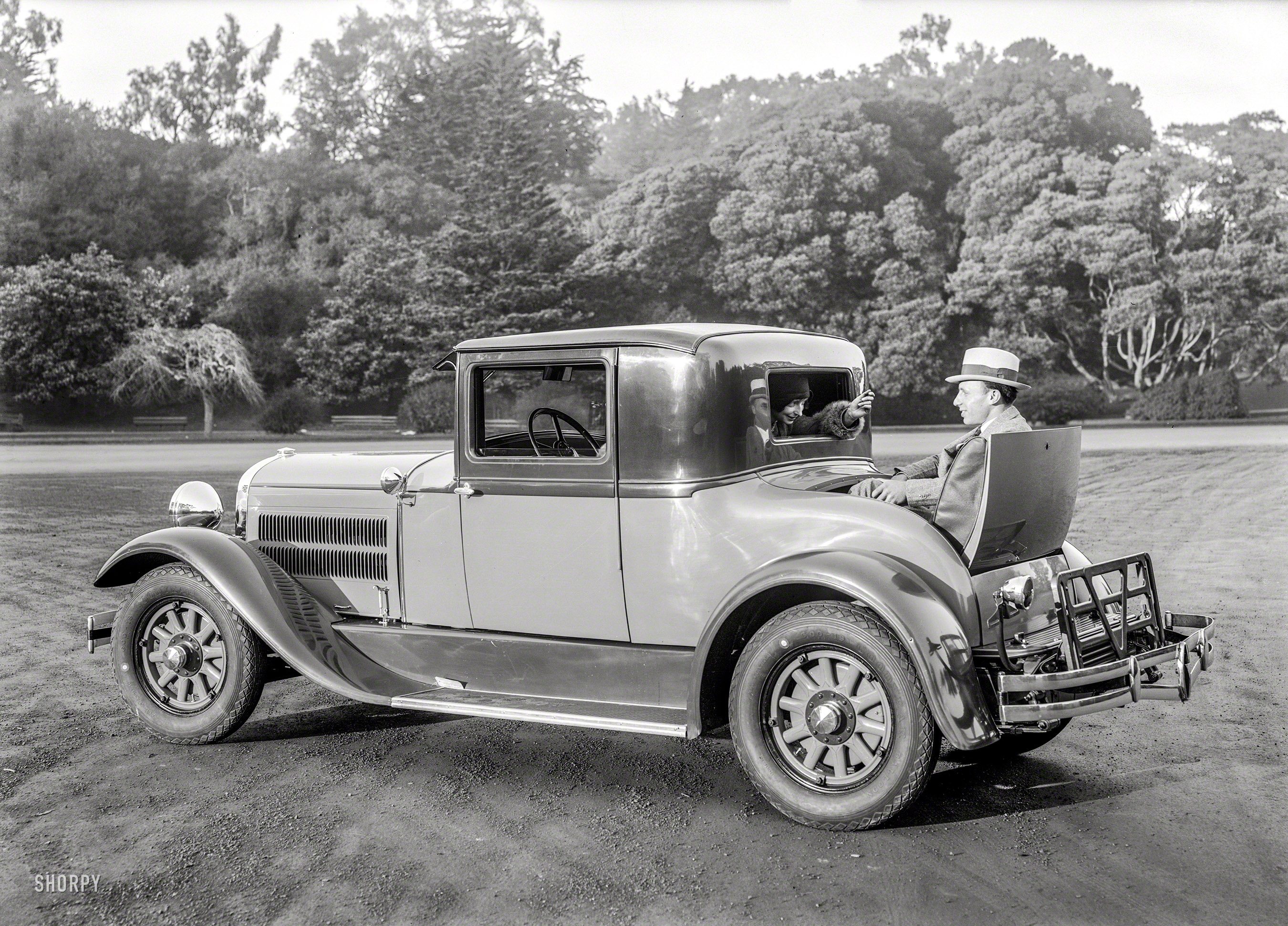 "1928 Hudson." Somewhere in the Bay Area. Pass me the flask, will you? (And who's driving this rig?) 5x7 glass negative by Christopher Helin. View full size.
