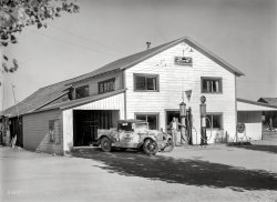 Northern California circa 1927. "California State Automobile Association Official Mechanical, First Aid and Towing Service Station." Offering Emergency Road Service and Red Crown Gasoline. 6½x8½ inch glass negative originally from the Wyland Stanley collection of San Francisciana. View full size.
