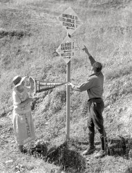 Circa 1925. "Man pointing at California State Automobile Association signage; woman with pennant reading BOOST THE REDWOOD HIGHWAY." A souvenir from the early days of motoring, when signage was a do-it-yourself affair, with routes marked and mapped by automobile clubs. 6½x8½ inch glass negative originally from the Wyland Stanley collection of San Francisciana. View full size.