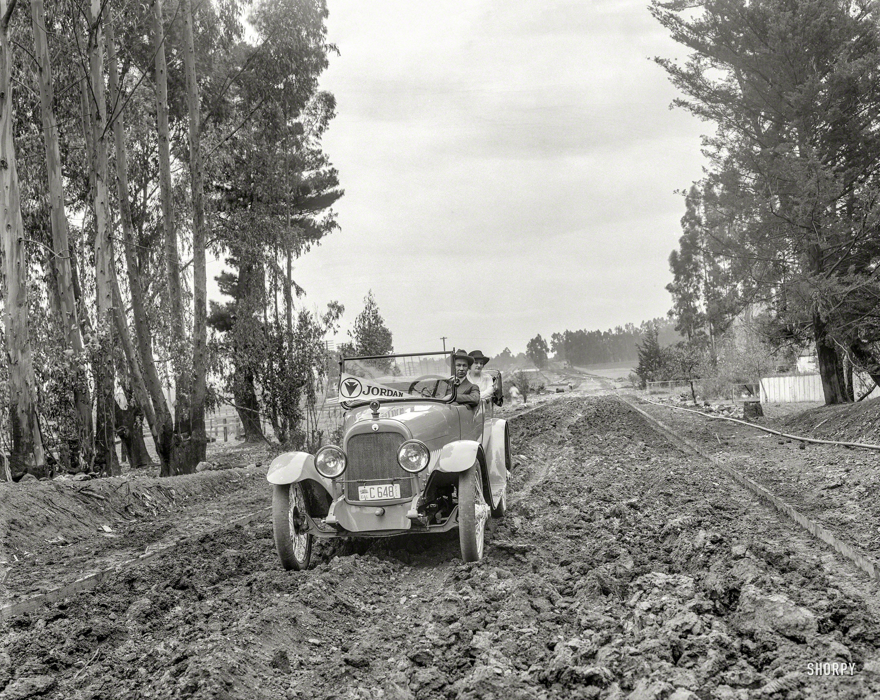The Bay Area circa 1917. "Jordan touring car." Our second look at this intrepid couple, motoring along a freshly plowed highway in their "Seven-Passenger Luxury Car." From the Wyland Stanley collection of San Francisciana. View full size.
