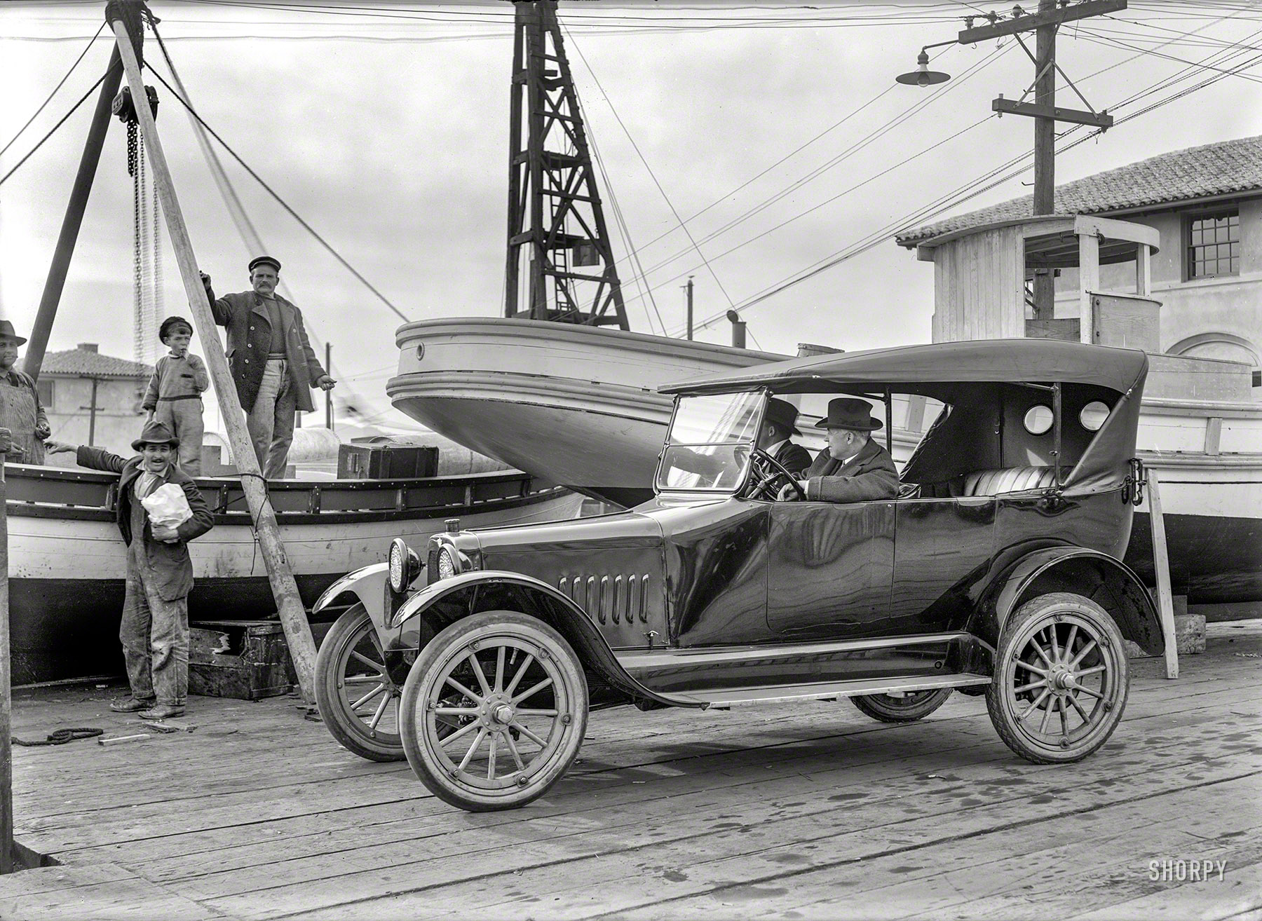 San Francisco, 1921. "Saxon auto and fishing boats." Another automotive brand not long for this earth. 5x7 glass negative by Christopher Helin. View full size.
