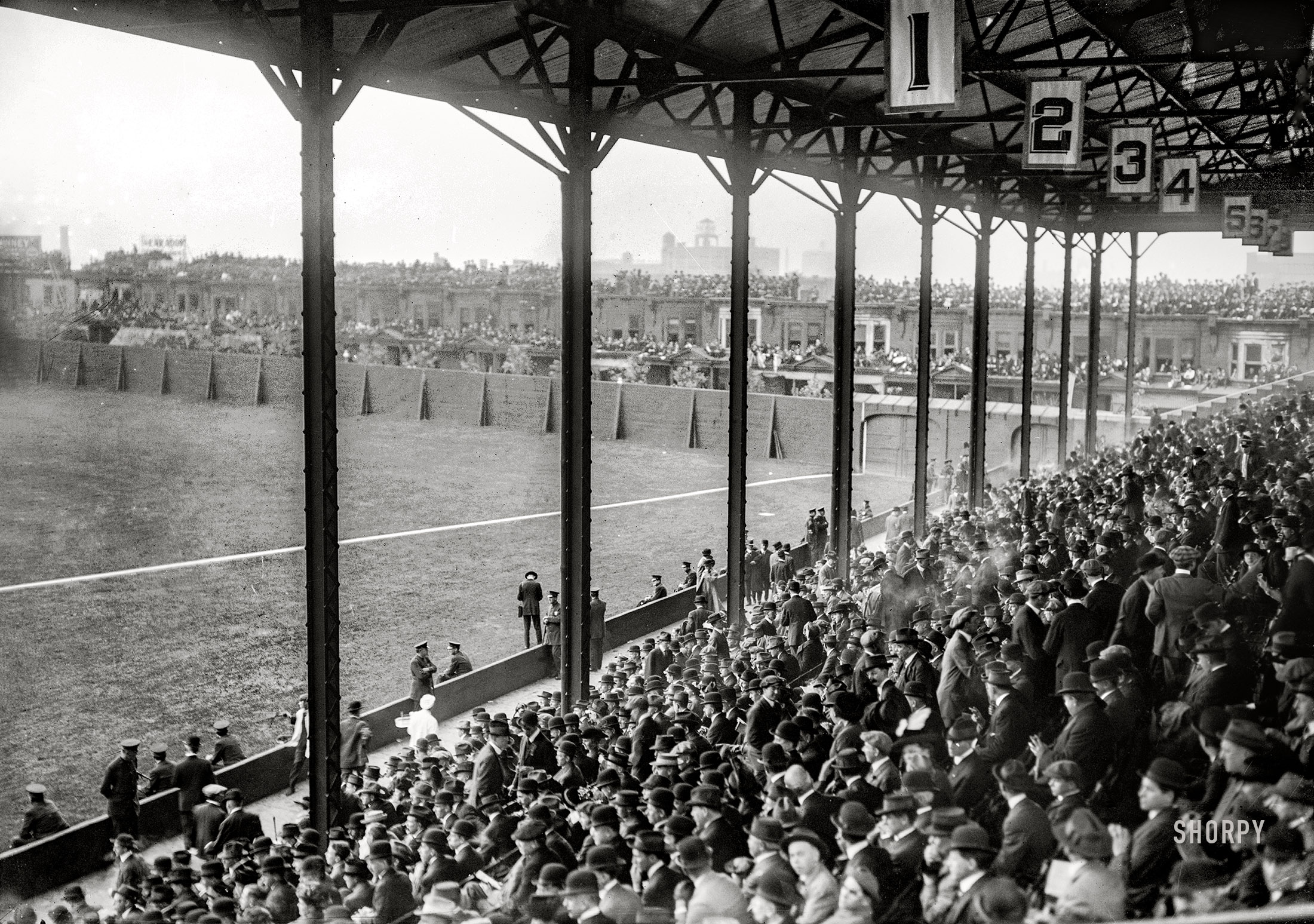 October 8, 1913. First-base grandstand at Shibe Park, Philadelphia. 1913 World Series. 8x10 glass negative, George Grantham Bain Collection. View full size.