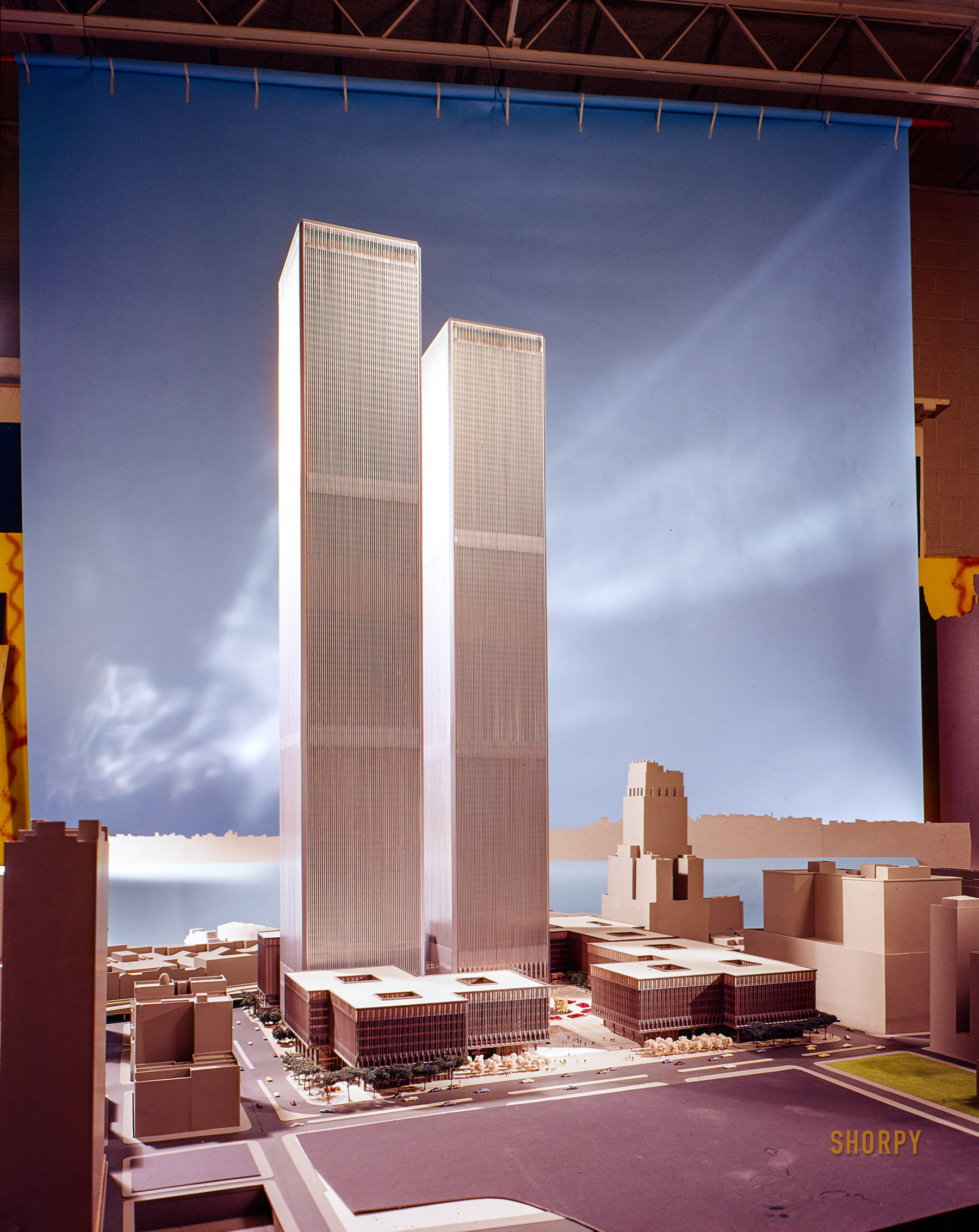 1976. "World Trade Center, New York, New York. Model showing towers. Minoru Yamasaki, architect." 4x5 inch color transparency, Balthazar Korab Studio. View full size.