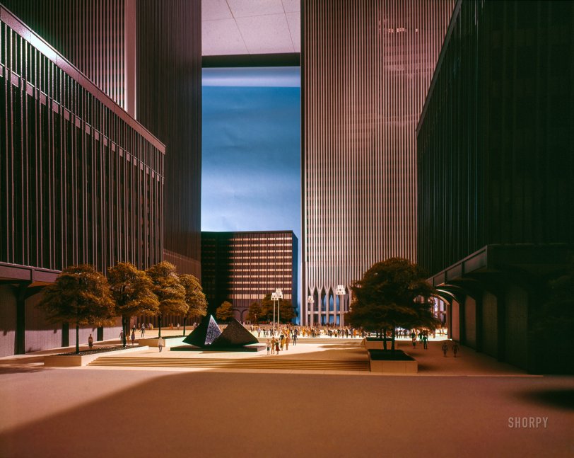 1976. "World Trade Center, New York. Model showing towers and plaza. Minoru Yamasaki, architect." 4x5 inch color transparency, Balthazar Korab Studio. View full size.
