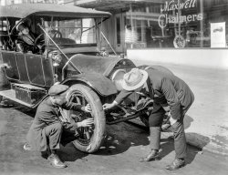 Circa 1922 in San Francisco, this aging Chalmers touring car needs a new shoe. Since we're at the Maxwell-Chalmers dealer, why not take a look at the new models? 6½ x 8½ glass plate from the Wyland Stanley collection. View full size.