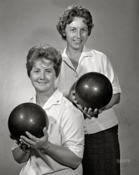 From circa 1962 comes this News Archive photo of two lady bowlers who look like they're ready to hit the nearest lanes and bust out some sick back-alley moves! View full size.