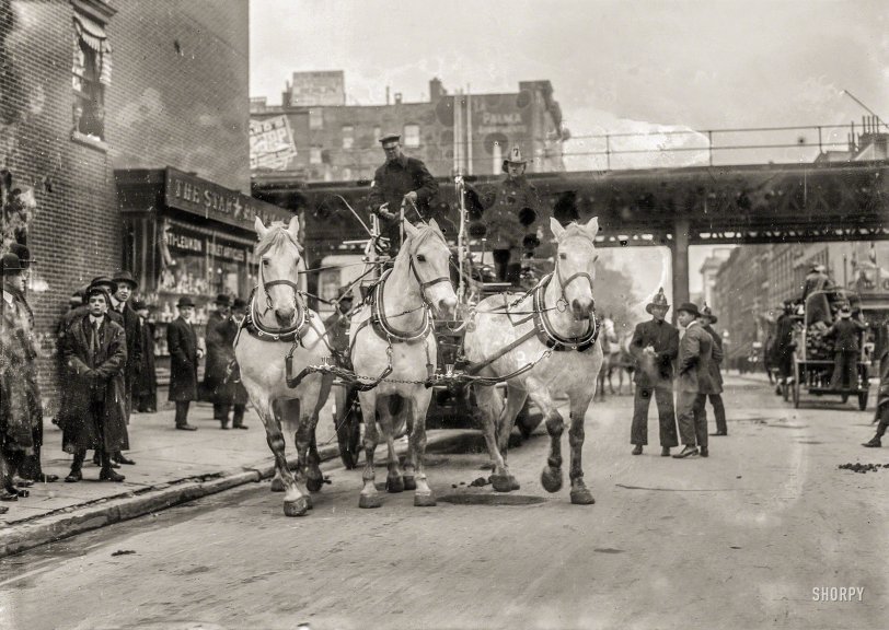 New York, December 1913. "Hook &amp; Ladder Company No. 7, Third Avenue and 15th Street." 5x7 inch glass negative, Bain News Service. View full size.
