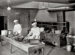 From circa 1910 somewhere in the Northeast comes this 5x7 inch glass negative labeled "Cooks in kitchen." An appetizing look back at whatever the opposite of vegetarian cuisine is. Gentlemen, start your skillets! View full size.
