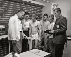 Columbus, Georgia, circa 1964. "Jaycees -- Golden Gloves physicals." The first rule of Fight Club: You do not talk about Fight Club. 4x5 inch acetate negative. View full size.
