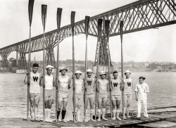 June 1914. "Wisconsin varsity crew on the Hudson." Souvenir from the heyday of the Poughkeepsie Regatta. Bain News Service glass negative. View full size.