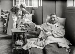 &nbsp; &nbsp; &nbsp; &nbsp; "The goody bag is nice, but I asked for a glass of ROSÉ."

June 14, 1918. "Red Cross comfort bag in the American Military Hospital No. 1 at Neuilly, France." 5x7 glass negative by Lewis Wickes Hine. View full size.