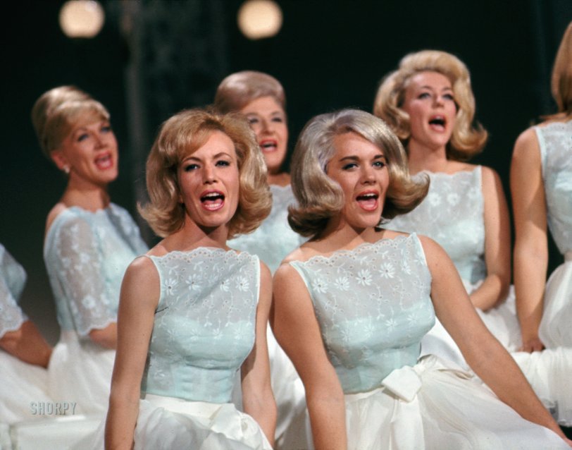 March 1965. "The King Sisters in rehearsal for musical variety series The King Family on ABC-TV." 35mm Kodachrome transparency by John Vachon for Look magazine. View full size.
