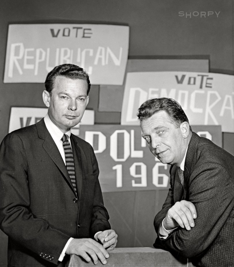 July 1960. "David Brinkley and Chet Huntley -- NBC convention coverage. From NBC Television Audience Promotion." 4x5 acetate negative from the News Photo Archive. View full size.
