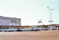Circa 1956-57. "Urbanism -- USA. Mid-Island Plaza and parking lot in Long Island, New York." 35mm color transparency, Paul Rudolph Archive, Library of Congress. View full size.
1957 Ford Interestingly, I see only one 1957 auto.  The black Ford second from very right of the picture.  
[You missed the other one! - Dave]
No store is an islandBut it can be confined to one. Started as a stationery store in Queens during the Depression, Gertz grew - bigly - at it original location before joining the rush to the

suburbs in the 50's. It was one of two Allied Stores divisions in the NYC area - Stern Bros got the Jersey side while Gertz expanded on Long island - but they all became Sterns eventually.  The  store shown in the main pic ended its life as a macy*s - in what was then known as Broadway Commons - in 2020.
DullsvilleCar collectors and nostalgia buffs like to think of 1950s automobiles as the stuff of glamour and youthful dreams.  But, as this photo attests (with the exception of the 1955 Chevy and '53 Mercury hardtops as well as the red '54 Chevy convertible), most of them were, withal, pretty dull. 
That&#039;s my hometown!Hicksville, New York. 
I used to shop at Gertz all the time with my mom. It used to be an outdoor shopping plaza until they finally covered it. it was kind of interesting, all the stores retained their old exteriors. Later on, I worked there at Consumers Dist for a few years. It's seen many highs and lows.
She&#039;s a fighterMid-Island Plaza has an interesting history.  Mid-Island opened in 1956, on the site of a former boys' orphanage and a dairy and vegetable farm. It cost $40 million and was built to accommodate more than 40,000 shoppers daily.  That's a lot of shopping.  Beneath the mall was a nearly mile long truck tunnel.  In 1957 the tunnel was designated a Civil Defense operational headquarters, providing emergency accommodations for over 9,000 people.  Those were scary times.  Mid-Island was enclosed in 1968, renamed Broadway Mall in 1989, renovated between 1987 and 1991, and completely redeveloped in 1995.  Decline set in as we entered the new millennium.  As referenced by Notcom, Gertz eventually became Macy's, and closed in 2020.  JCPenney opened in 1999 and closed in 2003.  I read somewhere Penney's thought online shopping was a passing fad and doubled down on bricks and mortar.  But Broadway Mall is still there, which is a lot more than you can say about a lot of other malls.
Jericho!We lived just a few miles from Mid-Island Plaza from about 1955 thru 1960 when we moved to New Jersey. My mother didn't drive at that time so we sometimes took a cab there to shop during the week. I don't remember much about the mall but those cab rides!!
edit: If you car spotters spy a '56 Studebaker in the lot it may very well be ours. My father loved that thing.
Maybe prosaic, but Identifiable!Maybe mostly prosaic daily drivers, but they are nevertheless distinctive. I count 18 identifiable cars and I am able to ID the make (and usually the year) of 16 of them. And yes Dave, two 1957 Fords.
[I'm driving that '54 Hudson. - Dave]
So I DidA '57 Custom 300.
Proust&#039;s MadeleineLike the French dude's cookie, this picture brings back a wealth of memories to me.
I grew up less than a mile away, and I walked there often in my middle and high school years. Gertz had a kids' club called the Pie Club, which gave you a book every year on your birthday, and they would sponsor a movie for members in the mall theater every few months, with the highlight being a pie-eating contest. One show featured a visit by Carl Yastrzemski, a Boston Red Sox Player who had grown up on Long Island.
And the food! Maybe once a year, we'd get a Sicilian pie from Pizza D'Amore. (Our go-to pizza place was Dante's on Woodbury Road.) After Sunday Mass, we'd go to Mid-Island Bakery for crisp crusted Kaiser rolls and seeded rye. If I hadn't kicked the pew in front of us, my mom bought me a Black &amp; White cookie.
(The Gallery, Kodachromes, Cars, Trucks, Buses, Stores & Markets)