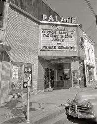 October 1956. Phenix City, Alabama. "Remodeled Palace Theatre." Me Tarzen, you Jene. (Also: "Praire.") 4x5 inch acetate negative from the Shorpy News Photo Archive. View full size.