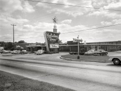 The Columbus, Georgia, Holiday Inn circa 1961. GOOD JOB RAY WRIGHT. This particular Inn had a swimming pool and a trampoline. 4x5 inch acetate negative. View full size.