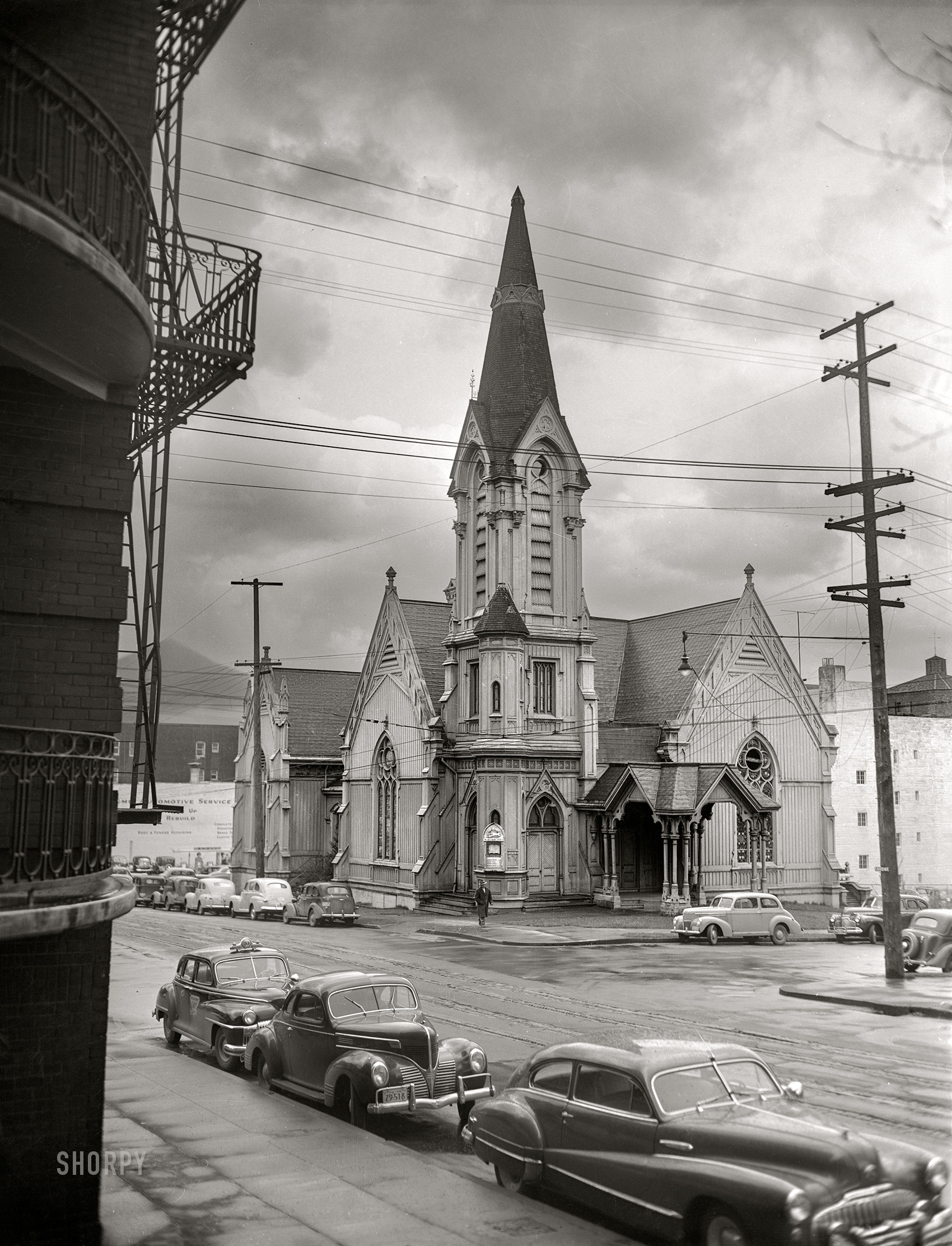 Portland, Oregon, 1948. "Calvary Presbyterian Church." Completed in 1882 and now known simply as The Old Church. Acetate negative from the News Photo Archive. View full size.