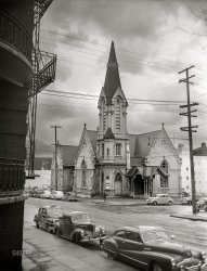 Portland, Oregon, 1948. "Calvary Presbyterian Church." Completed in 1882 and now known simply as The Old Church. Acetate negative from the News Photo Archive. View full size.
