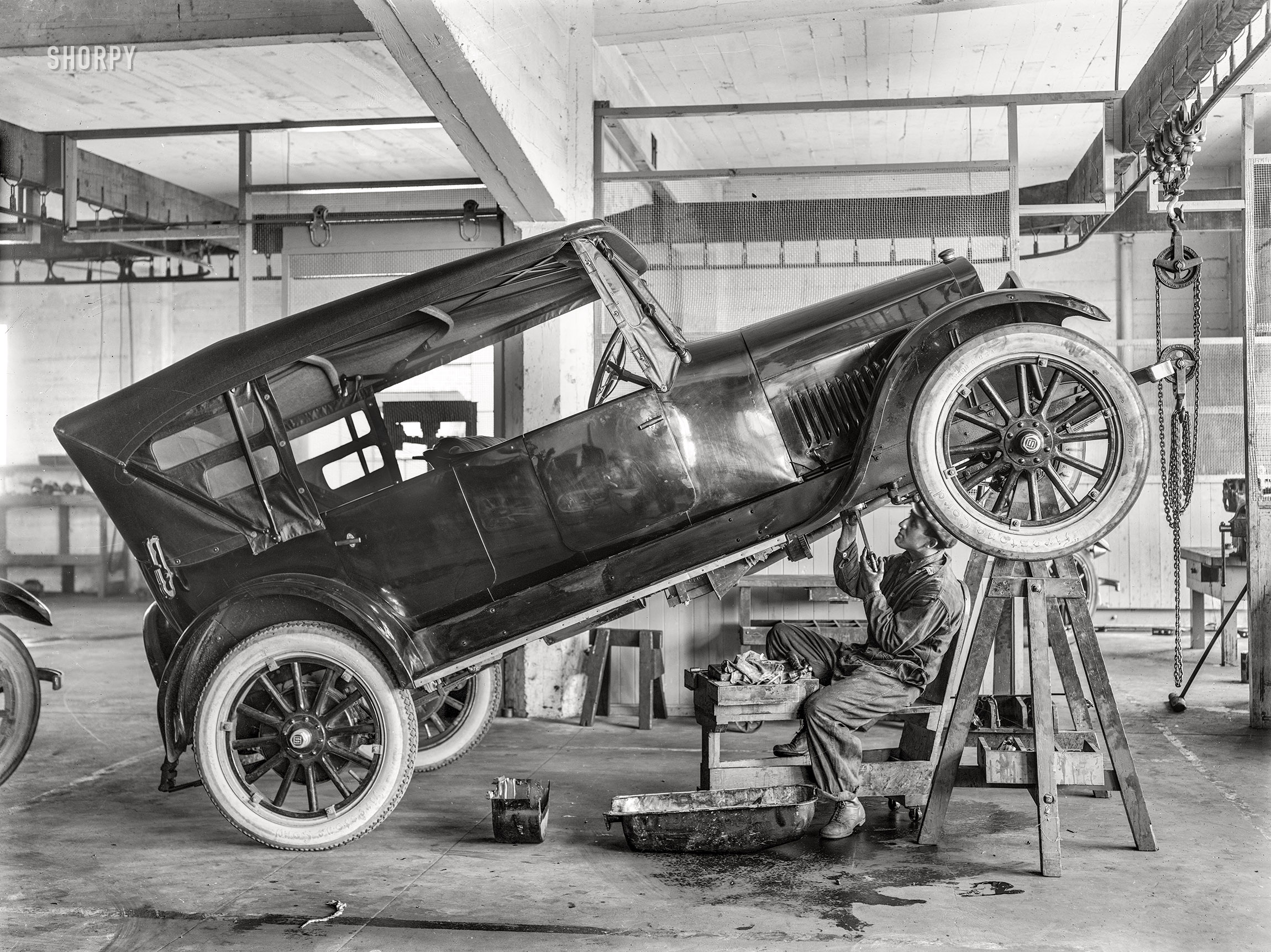 San Francisco circa 1915. "Studebaker motor car in repair shop with garage mechanic." Don't try this at home. Or at work. 6.5 x 8.5 inch glass negative from the Wyland Stanley collection of Bay Area historical memorabilia. View full size.