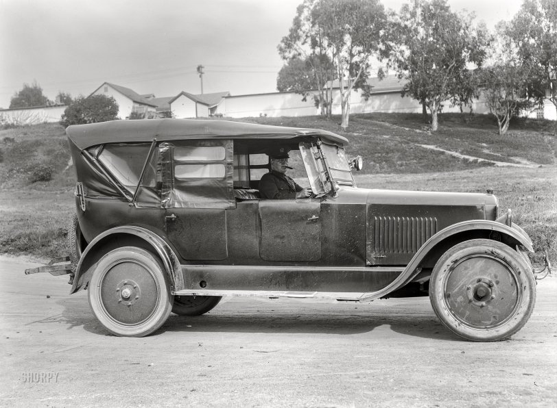 San Francisco or vicinity circa 1921. "Studebaker 'Big Six' touring car." Cigar-chomping Army brass at the wheel. 5x7 inch glass negative by Christopher Helin. View full size.
